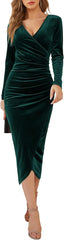 DIRASS Women's Elegant Velvet Long Sleeve Wrap V Neck Ruched Bodycon Cocktail Party Maxi Dress
