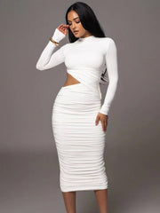 LAGSHIAN Women Sexy Long Sleeve Mock Neck One Piece Cutout Ruched Bodycon Midi Party Dress