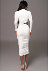 LAGSHIAN Women Sexy Long Sleeve Mock Neck One Piece Cutout Ruched Bodycon Midi Party Dress