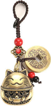 Brass Maneki Neko Lucky Cat Keychain with Feng Shui Coins, Maneki Neko Statue Good Luck Charms Lucky Tassel