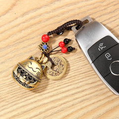 Brass Maneki Neko Lucky Cat Keychain with Feng Shui Coins, Maneki Neko Statue Good Luck Charms Lucky Tassel