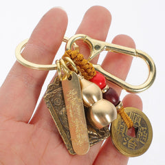 Chinese Feng Shui Keychain, Brass Wu Keychain, Amulet Good Luck Backpack Charms, with Feng Shui Coins for Wealth