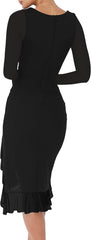 BORIFLORS Women's Sexy Ruched Bodycon Midi Dresses Elegant Mesh Long Sleeve Square Neck Ruffle Hem Cocktail Party Dress