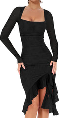 BORIFLORS Women's Sexy Ruched Bodycon Midi Dresses Elegant Mesh Long Sleeve Square Neck Ruffle Hem Cocktail Party Dress