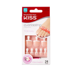 Everlasting French Pedicure Kit - Chip-Free Glue-On Toenails (24pc), Flexi-Fit Tech, Pink Gel Glue, Mini Tools