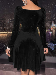 Sexyasasii Womens Wrap V Neck Long Sleeve Velvet Glitter A Line Cocktail Party Swing Fit and Flare Skater Mini Dress