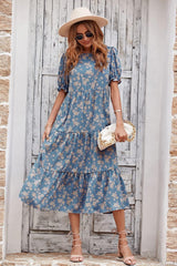 Women's Summer Casual Boho Dress Floral Print Ruffle Puff Short Sleeve Flowy Midi Beach Party Dresses