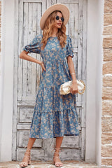 Women's Summer Casual Boho Dress Floral Print Ruffle Puff Short Sleeve Flowy Midi Beach Party Dresses