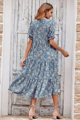 Women's Summer Casual Boho Dress Floral Print Ruffle Puff Short Sleeve Flowy Midi Beach Party Dresses