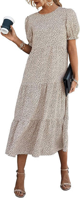 Women's Summer Casual Boho Dress Floral Print Ruffle Puff Short Sleeve Flowy Midi Beach Party Dresses