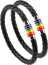 Gay Pride Rainbow Bracelet 2pk, Unisex Black Leather Bangle w/Rainbow Striped Stainless Steel Magnetic Clasp (22cm)