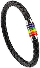 Gay Pride Rainbow Bracelet 2pk, Unisex Black Leather Bangle w/Rainbow Striped Stainless Steel Magnetic Clasp (22cm)