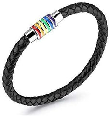 Gay Pride Rainbow Bracelet 2pk, Unisex Black Leather Bangle w/Rainbow Striped Stainless Steel Magnetic Clasp (22cm)
