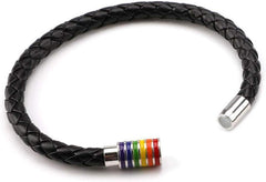 Gay Pride Rainbow Bracelet 2pk, Unisex Black Leather Bangle w/Rainbow Striped Stainless Steel Magnetic Clasp (22cm)