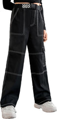 EXARUS Girls Jeans Cargo Pants Wide Leg Baggy High Elastic Waistband Kids Straight Denim Pant with Pockets Youth 8-14Y
