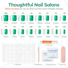 Green Press-On Nails, Spring/Easter Short Square, Reusable Kit w/Glue, File - 32PCS 16 Sizes, Girls Gift