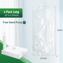 Hanging Vacuum Bags – Hand Pump, Space-Saving for Clothes (Coat, Suit, Jacket), 4-Piece Long