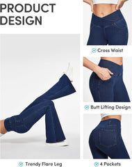 IUGA Bell Bottom Jeans for Women High Waisted Stretchy Flare Jeans Pull On Wide Leg Jeans V Cross Tummy Control Flare Pants