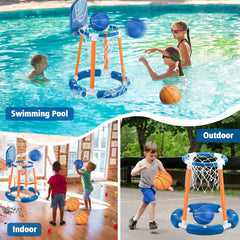 Inflatable Pool Basketball Hoop with Backboard, 4 Balls & Pump, for Kids & Adults, Blue