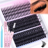 Russian Lash Extensions Kit—Spikes/Individual Lashes, 100D-120D D-Curly Clusters (12-19MM), DIY Kit with Bond & Seal Glue & Tweezers by Mavphnee