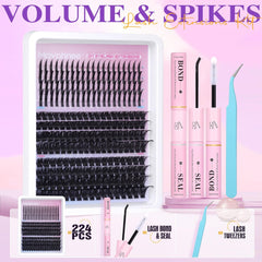 Russian Lash Extensions Kit—Spikes/Individual Lashes, 100D-120D D-Curly Clusters (12-19MM), DIY Kit with Bond & Seal Glue & Tweezers by Mavphnee