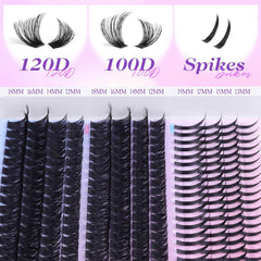 Russian Lash Extensions Kit—Spikes/Individual Lashes, 100D-120D D-Curly Clusters (12-19MM), DIY Kit with Bond & Seal Glue & Tweezers by Mavphnee