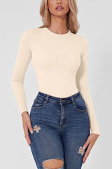 QINSEN Women's Seamless Long Sleeve Bodysuit Crew Neck Basic Stretch T Shirt Top