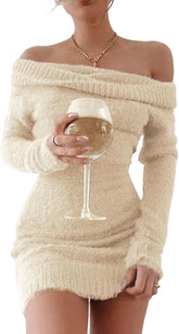 FAIRY SEASON Women's 2025 Off The Shoulder Sweater Mini Dress Long Sleeve Ribbed Bodycon Pullover Cute Short Dresses