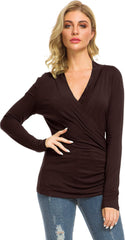 Afibi Womens Slim Fitted Deep V Neck Cross Wrap Top Long Sleeve T-Shirts