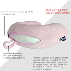 Memory Foam U-Shaped Neck Pillow—Comfortable, Head Support (Pink, For Planes/Trains/Cars)