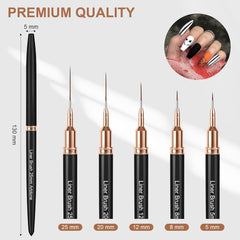 5PCS Black Color Nail Tools Metallic Nail Art Pens, Liner Brushes Set