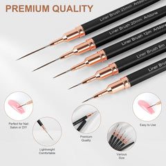 5PCS Black Color Nail Tools Metallic Nail Art Pens, Liner Brushes Set