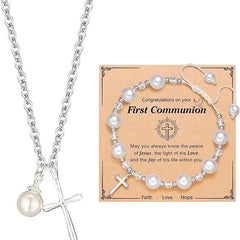 First Communion Gifts Baptism Gifts Cross Pearl Bracelet Cross Necklace for Jewelry Set for Mother
