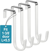 Over-Door Hooks, 4pc, 5.5" L, Fits 1.875" Doors, Steel/White Rubber, Towel/Clothing Hanger, Bathroom/Wreath Holder, Slim Heavy-Duty