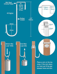 Over-Door Hooks, 4pc, 5.5" L, Fits 1.875" Doors, Steel/White Rubber, Towel/Clothing Hanger, Bathroom/Wreath Holder, Slim Heavy-Duty