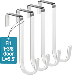Over-Door Hooks, 4pc, 5.5" L, Fits 1.875" Doors, Steel/White Rubber, Towel/Clothing Hanger, Bathroom/Wreath Holder, Slim Heavy-Duty