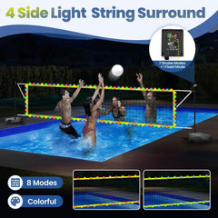LED Pool Volleyball Net Set: Solar-Lit LED Net & Ball, Weighted Bases & Pump, 15-32ft Adjustable, Ideal for Indoor/Backyard Pools