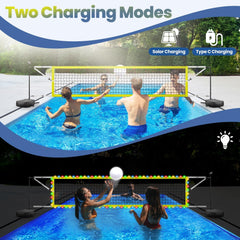 LED Pool Volleyball Net Set: Solar-Lit LED Net & Ball, Weighted Bases & Pump, 15-32ft Adjustable, Ideal for Indoor/Backyard Pools