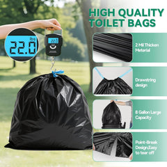 Portable Toilet Gel Set - 8-Gallon Drawstring Bags w/Absorbent Gel, Disposable Seat, Compostable Thickening Bags for Camping/Hiking