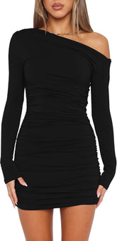 Mokoru Women's Sexy Elegant Off Shoulder Long Sleeve Ruched Bodycon Cocktail Party Mini Dresses