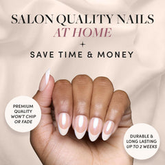 Glamnetic Short Almond Press-On Nails: French Tips, Glossy Glazed Finish - Wedding, Reusable, 15 Sizes,30 Nails w/Glue