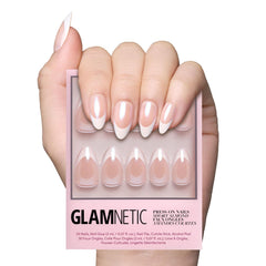 Glamnetic Short Almond Press-On Nails: French Tips, Glossy Glazed Finish - Wedding, Reusable, 15 Sizes,30 Nails w/Glue