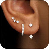 Silver Stud Earrings Set for Women, 3 Pairs Hoop Jacket Studs Earring Stack for Multiple Piercing, Hypoallergenic 925 Sterling Silver Jewelry Gifts for Mom