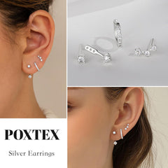 Silver Stud Earrings Set for Women, 3 Pairs Hoop Jacket Studs Earring Stack for Multiple Piercing, Hypoallergenic 925 Sterling Silver Jewelry Gifts for Mom