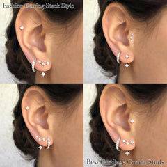 Silver Stud Earrings Set for Women, 3 Pairs Hoop Jacket Studs Earring Stack for Multiple Piercing, Hypoallergenic 925 Sterling Silver Jewelry Gifts for Mom