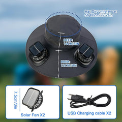 Solar Fan Hat, Wide Brim Solar Fan Outdoor Fishing Hat with 2 Fans Solar Power, Waterproof