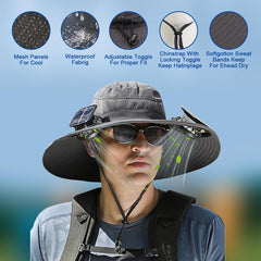 Solar Fan Hat, Wide Brim Solar Fan Outdoor Fishing Hat with 2 Fans Solar Power, Waterproof
