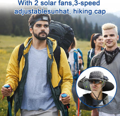 Solar Fan Hat, Wide Brim Solar Fan Outdoor Fishing Hat with 2 Fans Solar Power, Waterproof