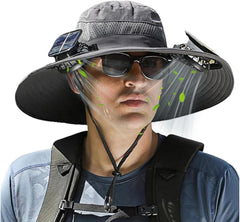 Solar Fan Hat, Wide Brim Solar Fan Outdoor Fishing Hat with 2 Fans Solar Power, Waterproof