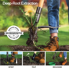 Stand-Up Heavy-Duty Weed Puller w/ Long Handle & Foot Platform - 4-Claw Steel Head, Bamboo Hand Weeder - Knee-Free Weed Removal